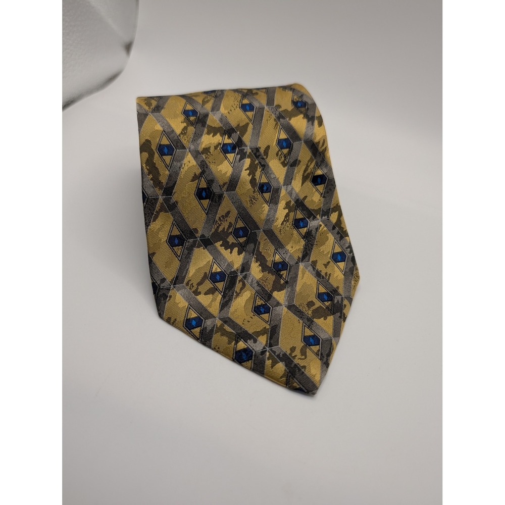 Stafford Executive Mens Tie Made in Italy Silk Geometric Gold Grey Blue 4 Inch